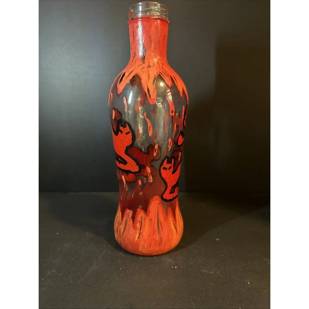 Hand‎ Painted Glass Bottle Vase Hell Fire Hounds Cats Devils Original Artwork
